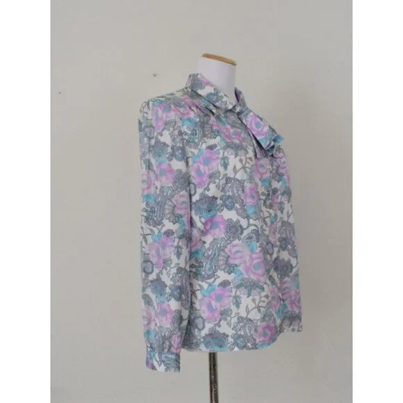 Vintage 70s Floral Paisley Pastel Secretary Blouse / Detachable Bow - Picture 10 of 10